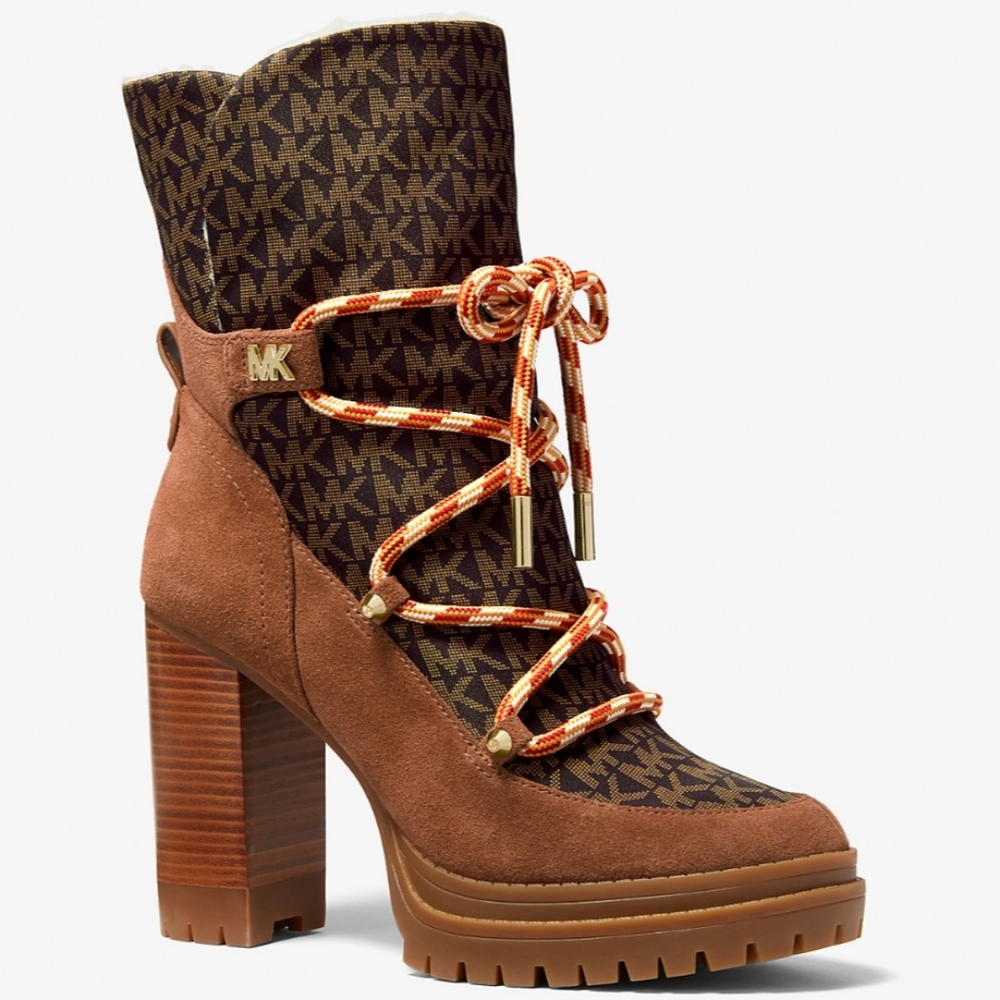 BNWB Michael Kors Culver Boot in Logo-Print Nylon And Nubuck Leather